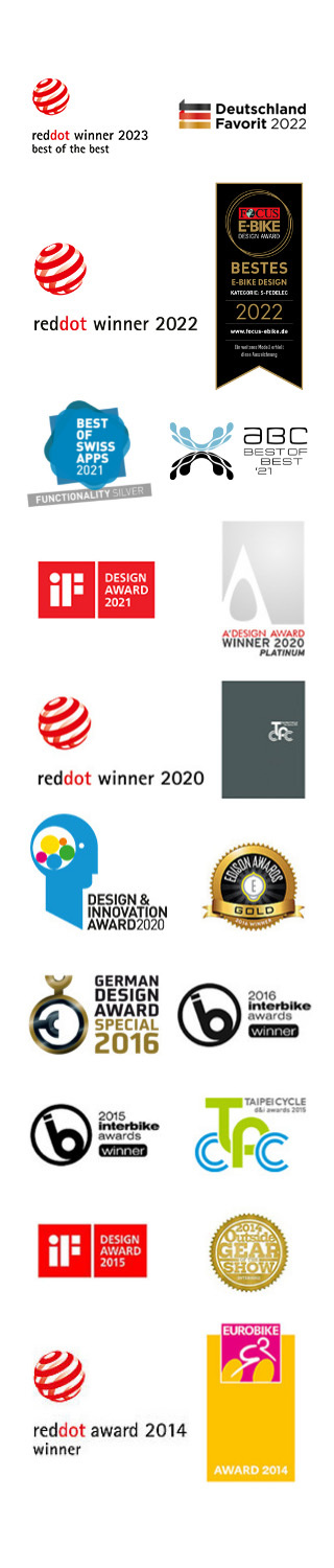 Internationale Awards Stromer has won. A few of them: Design Award 2021, reddot winner 2020, abc award.