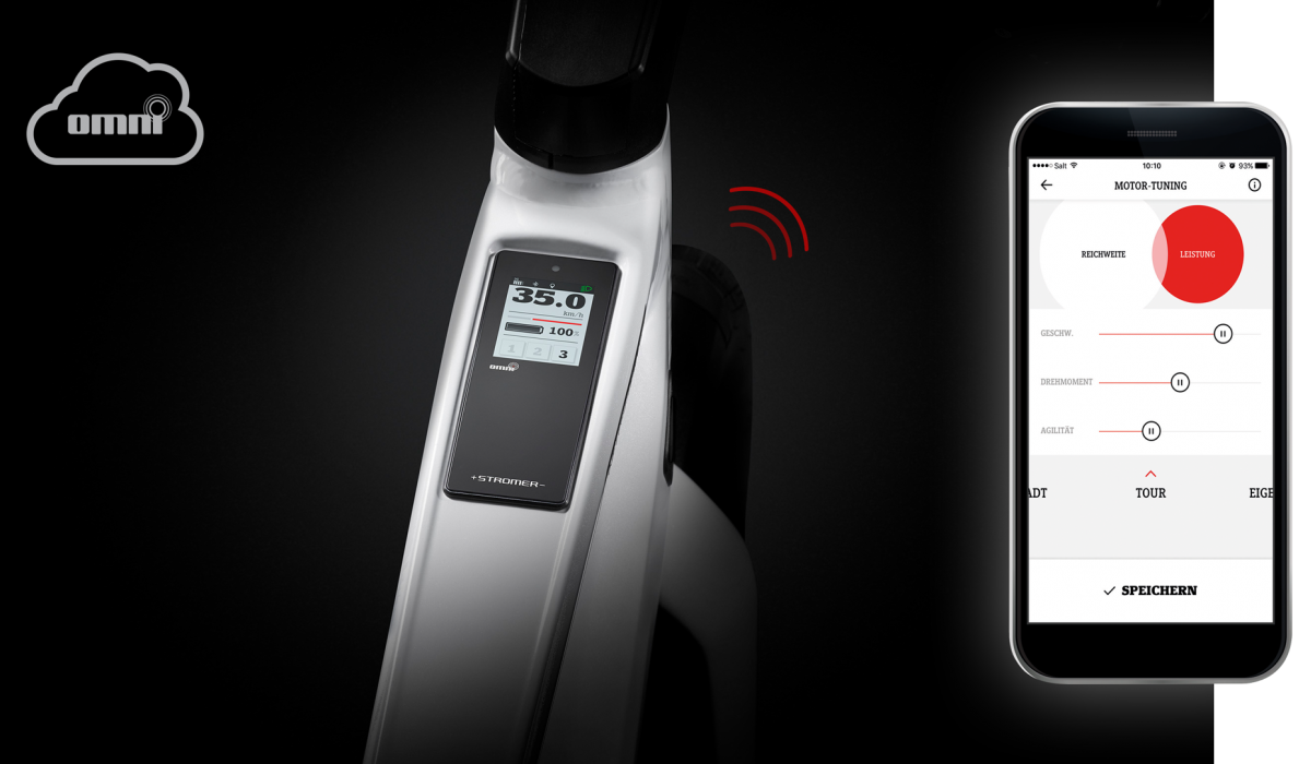 Via Mobilfunk-Konnektivität bleiben Sie mit Ihrem schnellen Stromer E-Bike verbunden: Ansicht des Stromer ST5 ABS Bordcomputers und Smartphone mit Stromer OMNI App.