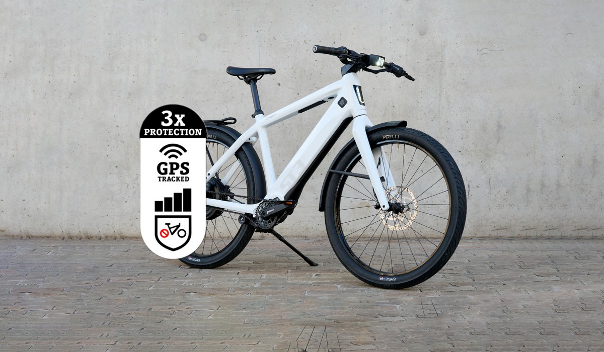 The Stromer ST3 in Cool White with triple anti-theft protection.