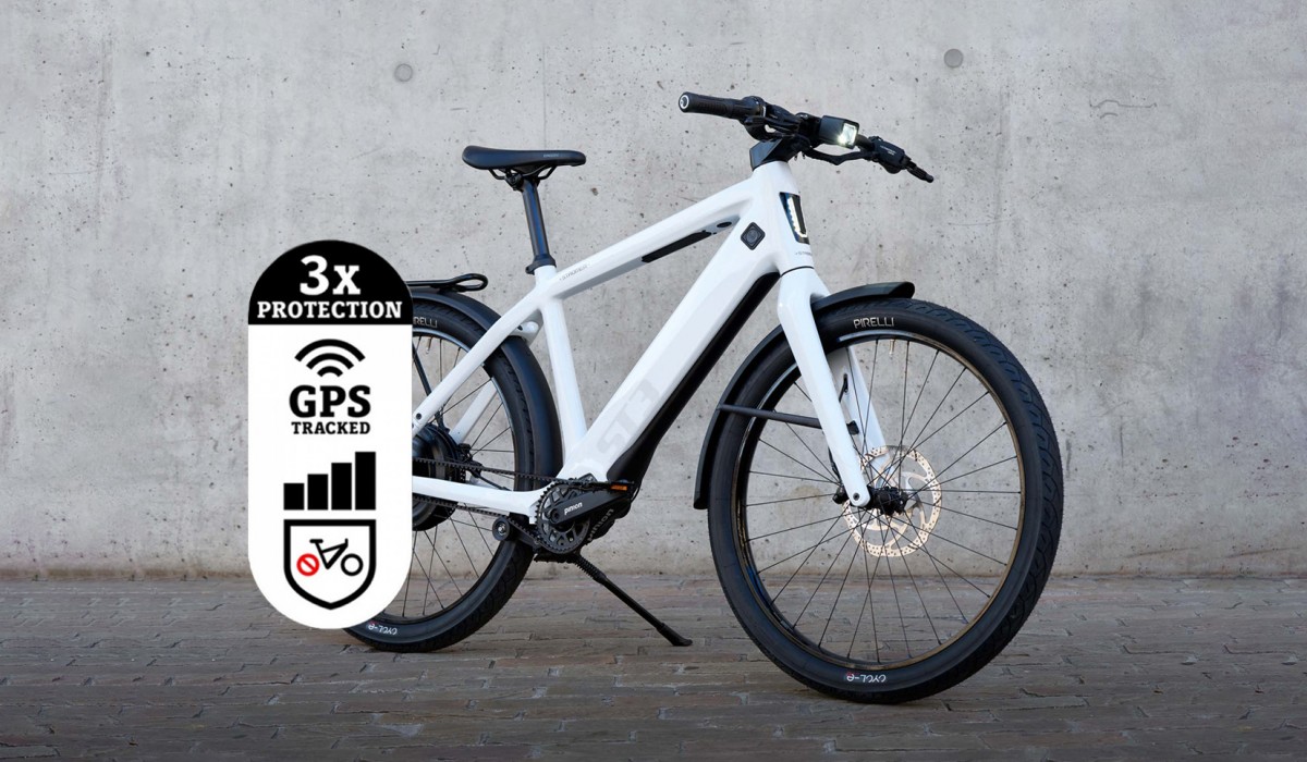 The Stromer ST3 in Cool White with triple anti-theft protection.